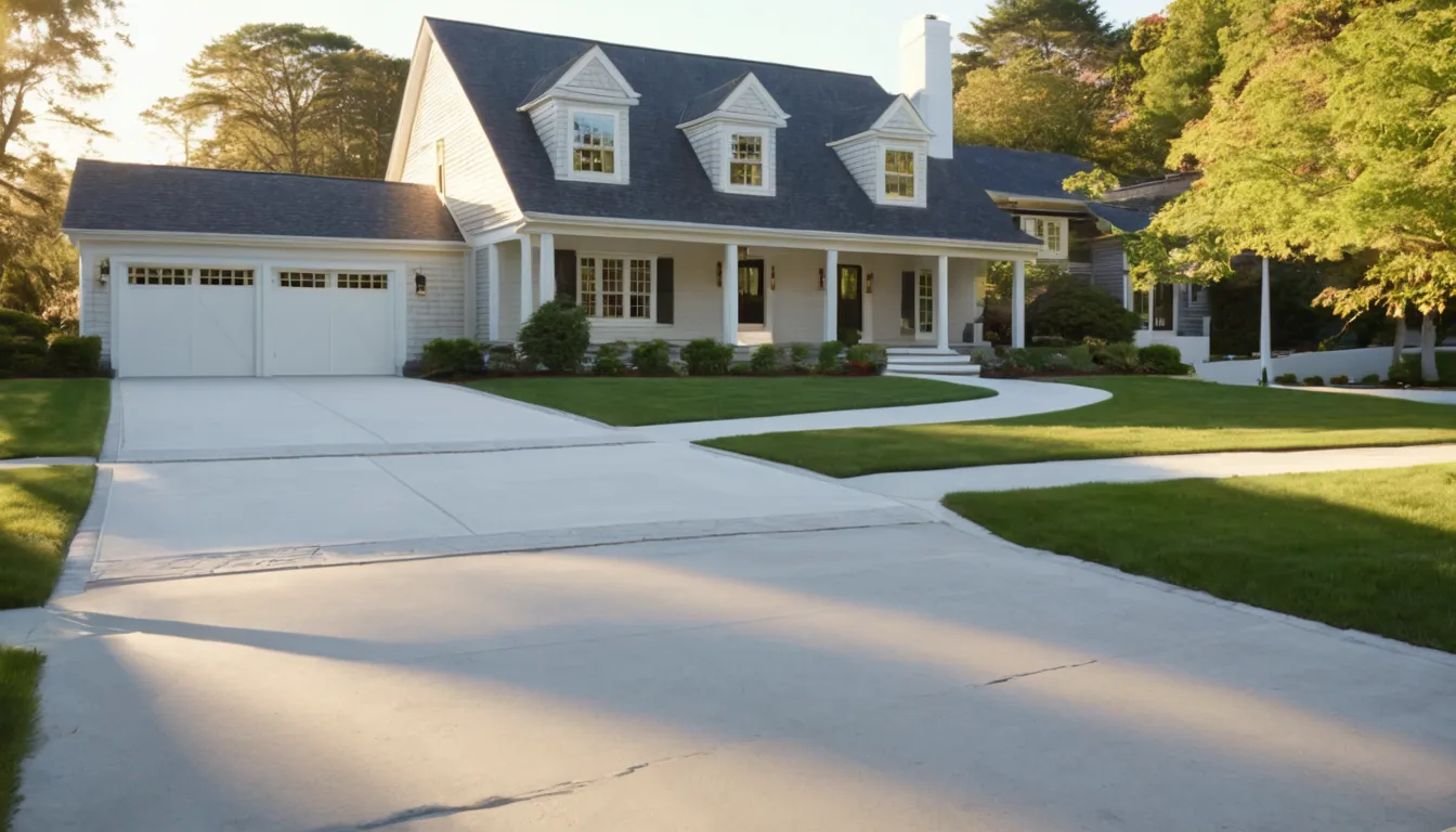 A freshly poured concrete driveway beside a tidy home in New Haven