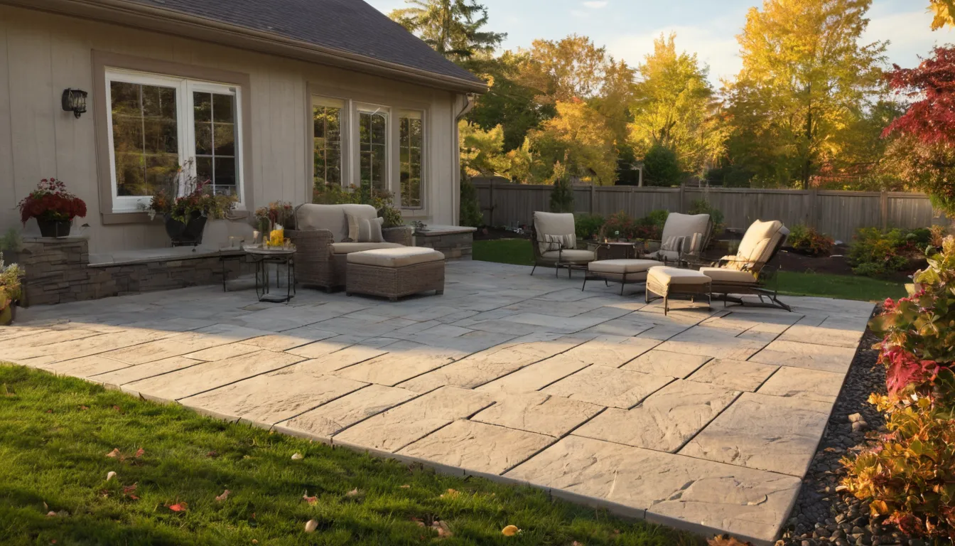 A new stamped concrete patio behind a home in the New Haven area